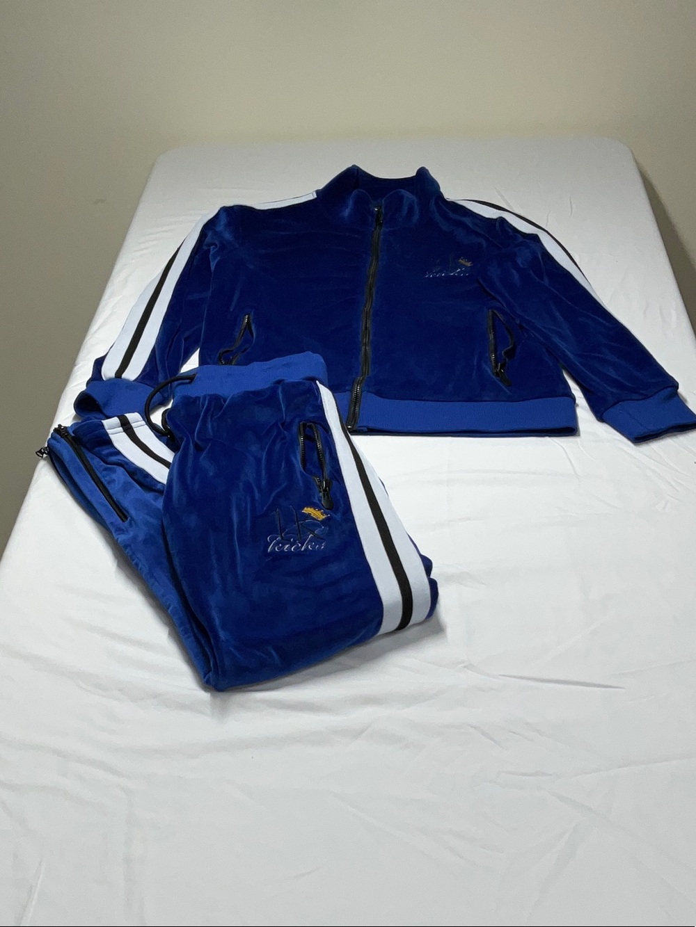 Men's Royal Blue Velour Track Pajama Set with White Stripes